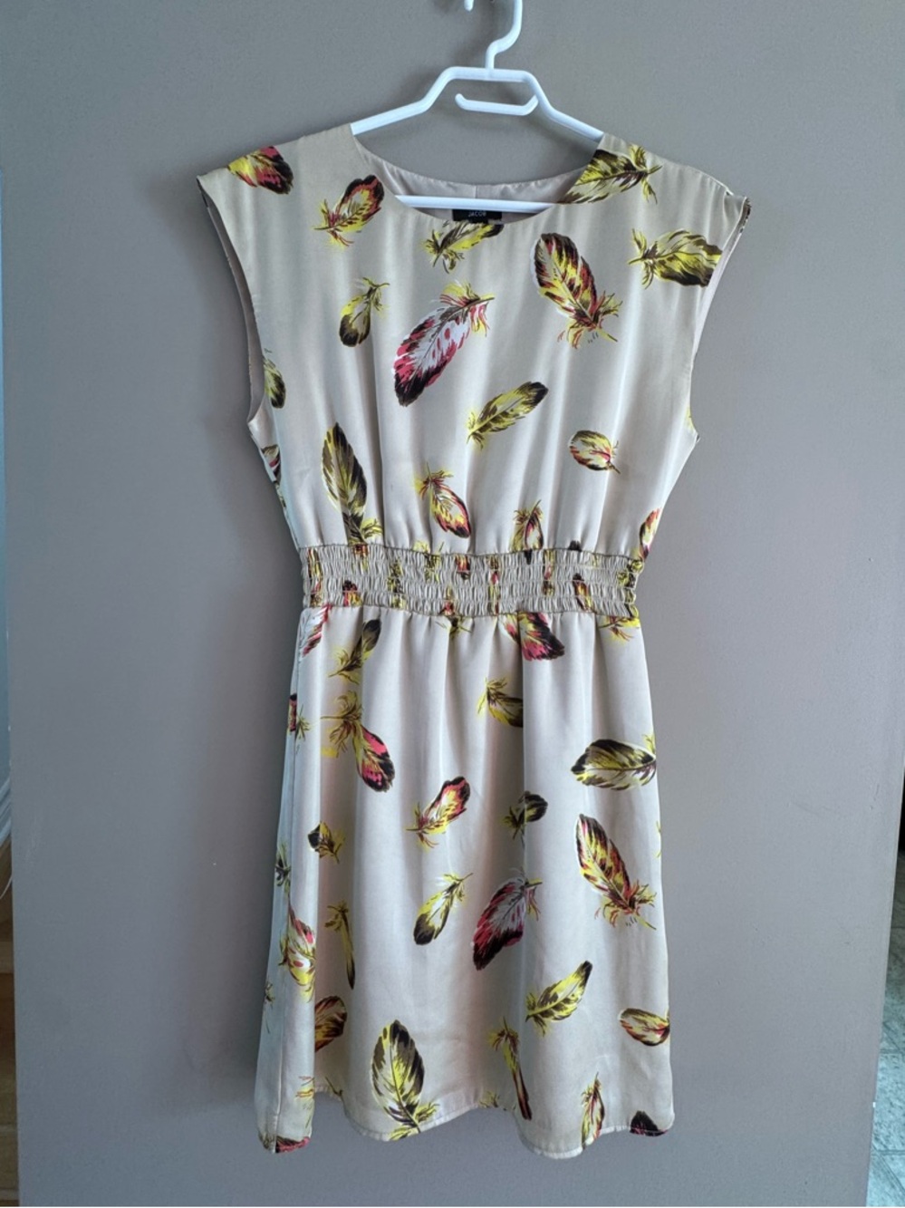 Jacob Beige Midi Dress with Multicolor Feather Print
